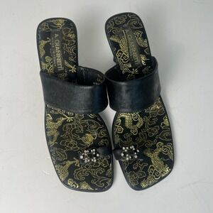 VTG 90s Y2K A. Giannetti Kitten Heel Sandals Womens 7.5 Brocade Toe Ring